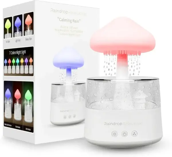 Portada del humidificador con diseño de hongo y efecto lluvia, ideal para aromaterapia y decoración.