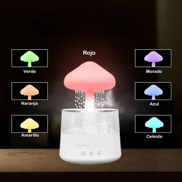 Humidificadores en forma de hongo con efecto lluvia disponibles en varios colores.